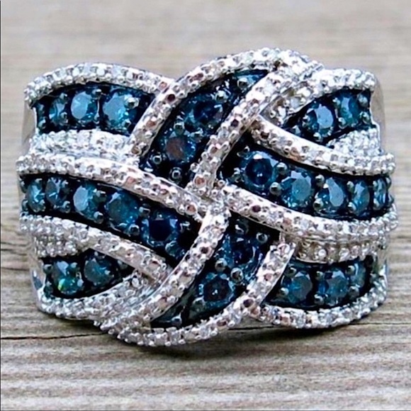 Blue Sapphire Zircon Marquise Wide Band Ring - Picture 1 of 6